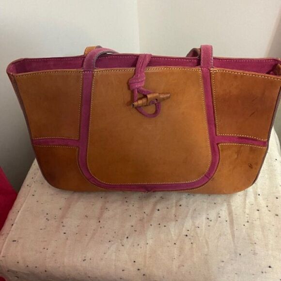 Claudia Firenze Italian Made Coffee Brown Leather with Pink Suede Tote - Picture 1 of 11
